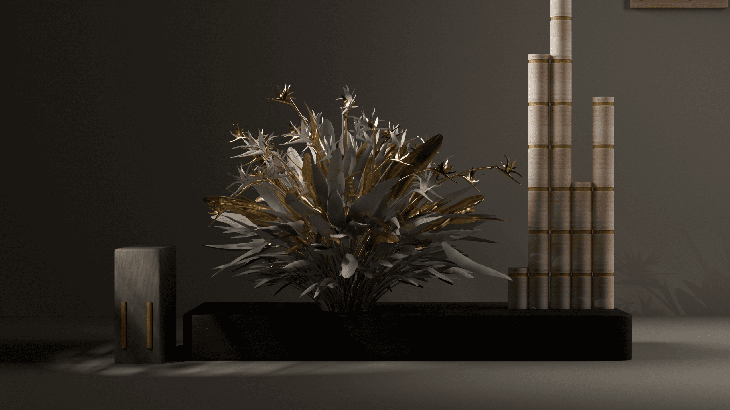 3D scene depicting an altar with a different arrangement of flowers