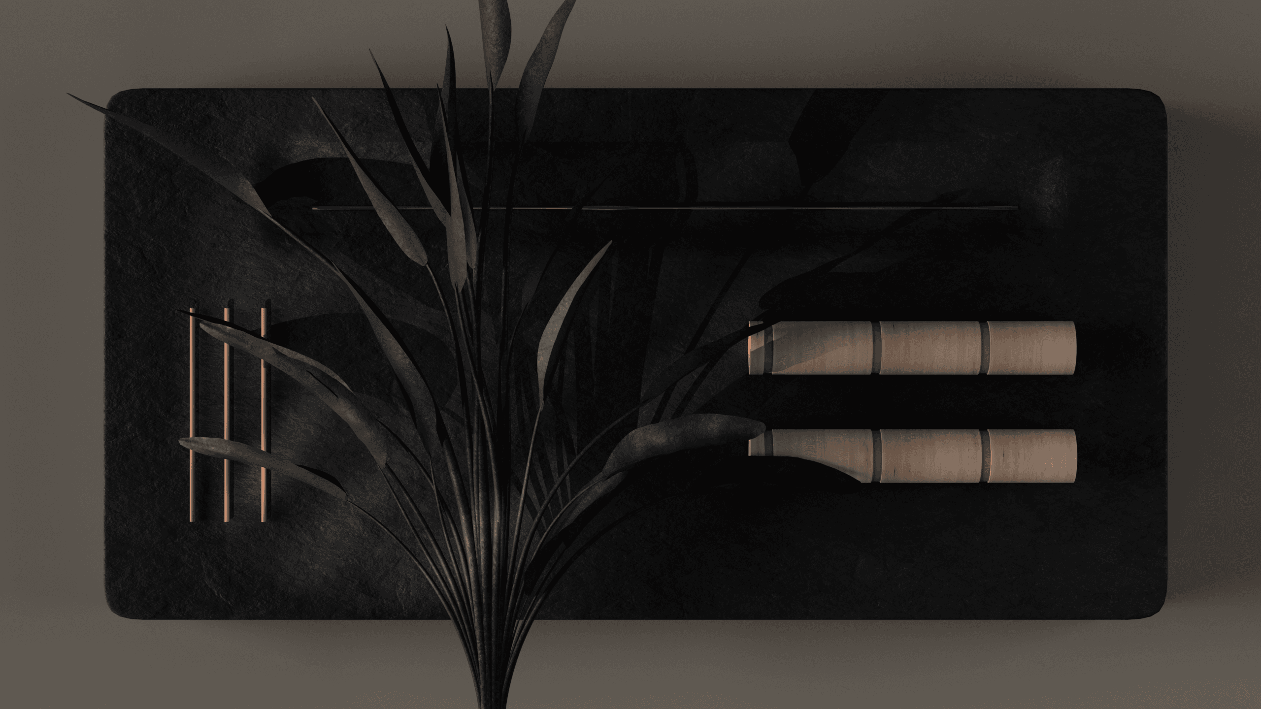 3D scene depicting an altar with a bouquet of flowers and a wooden peg and some things that appear to chopsticks but are not