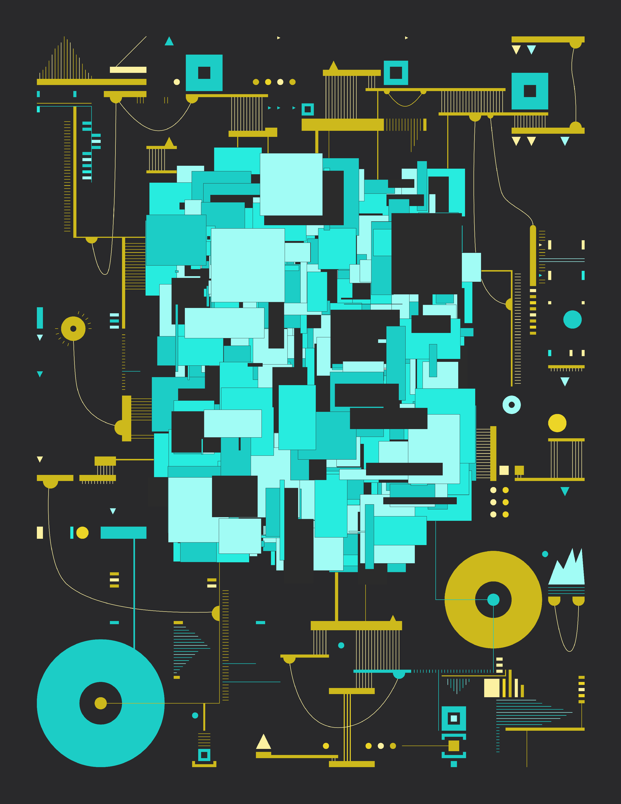 3D scene depicting artificial intelligence concepts, with a focus on a large, intricate structure resembling a neural network, surrounded by abstract shapes.
