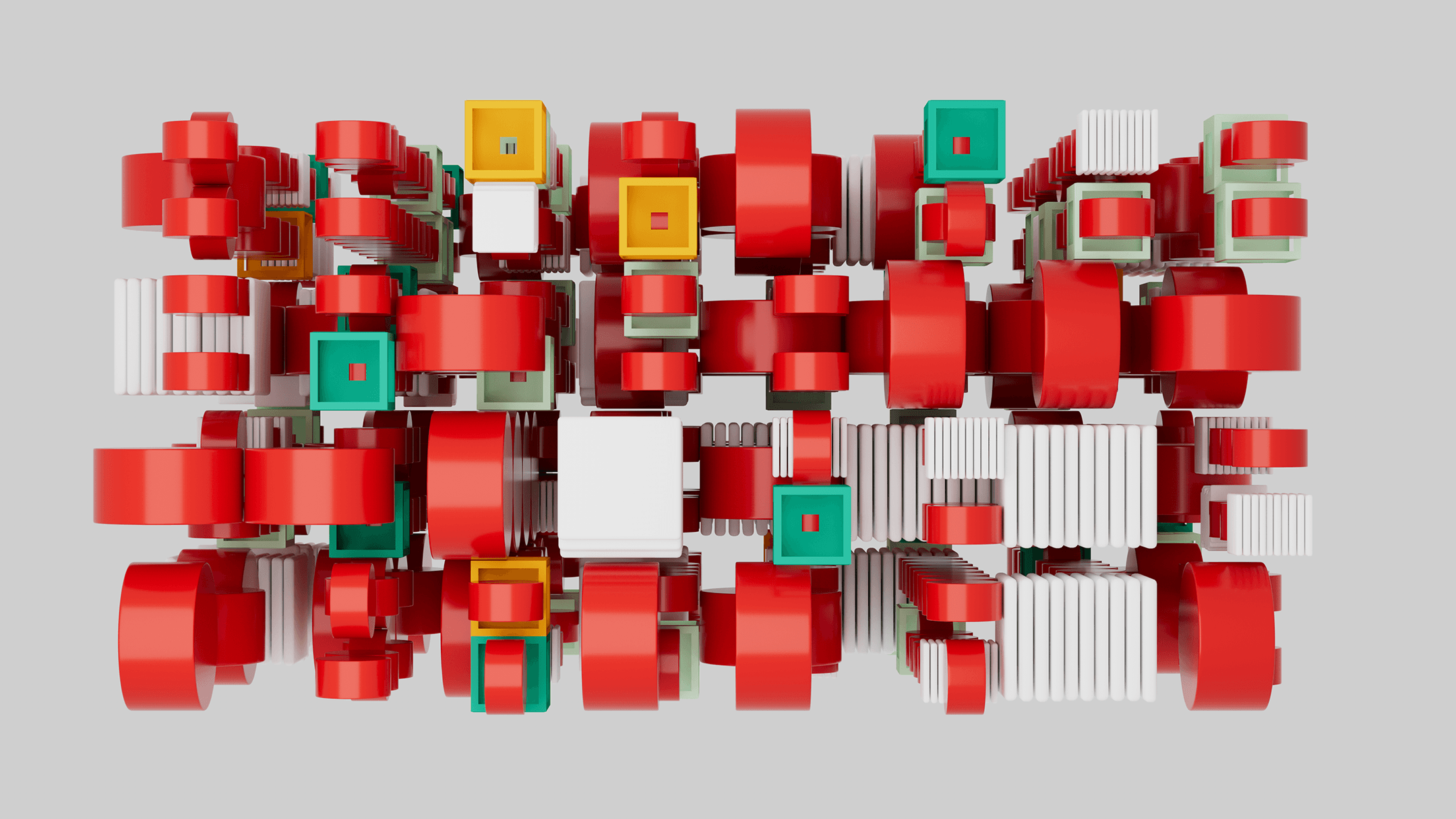 a grid of 3d objects resembling GPUs, with a variety of colors