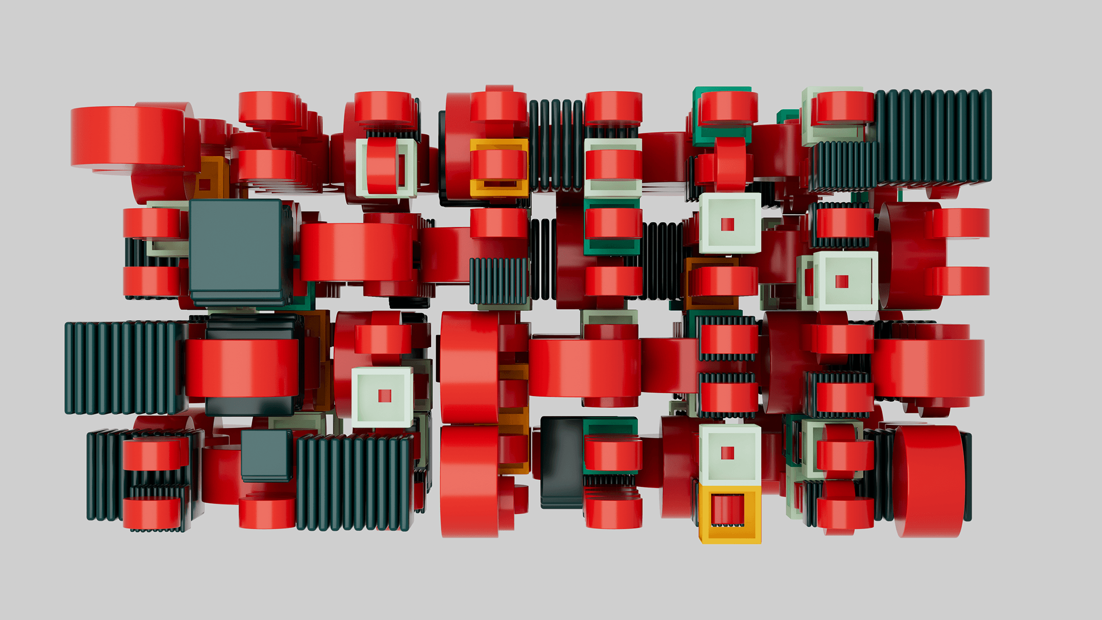 a grid of 3d objects resembling GPUs, with a variety of colors