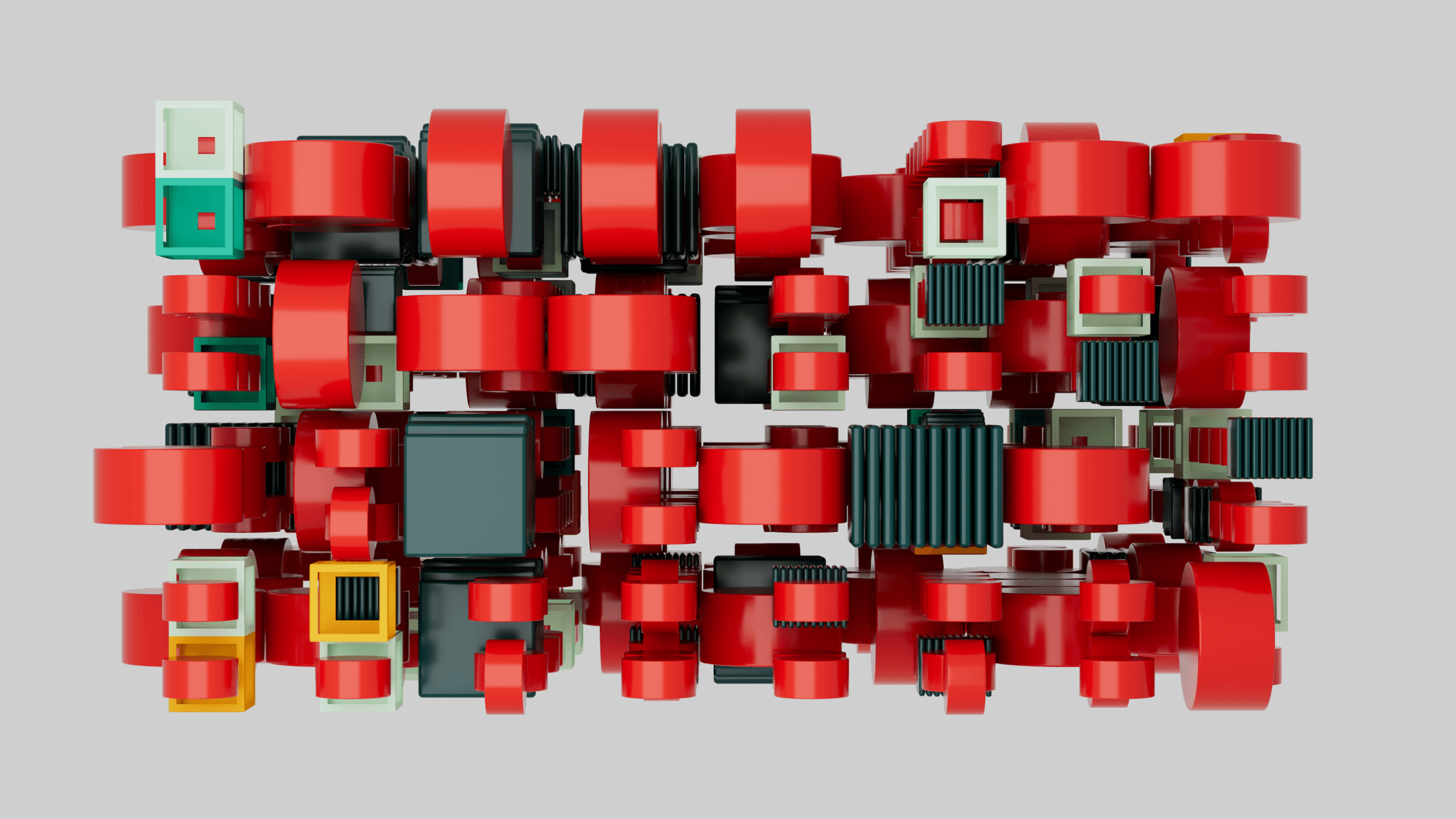 a grid of 3d objects resembling GPUs, with a variety of colors