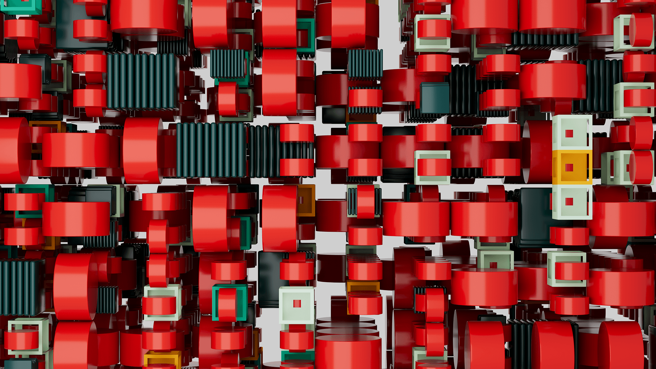 a grid of 3d objects resembling GPUs, with a variety of colors