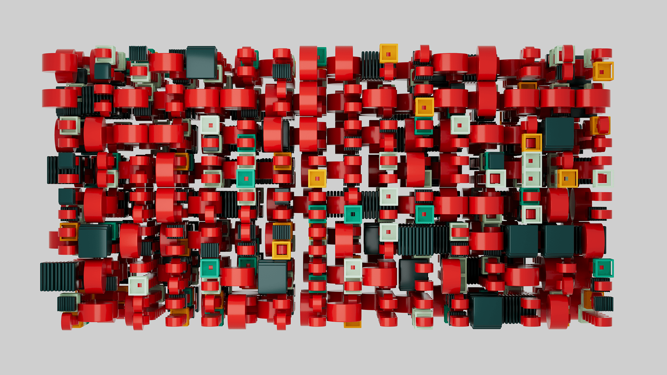 a grid of 3d objects resembling GPUs, with a variety of colors
