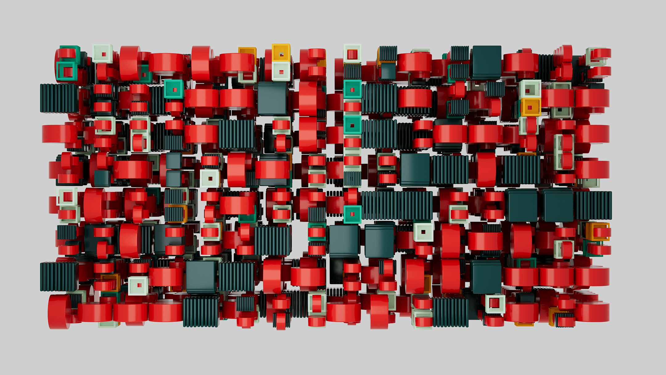 a grid of 3d objects resembling GPUs, with a variety of colors