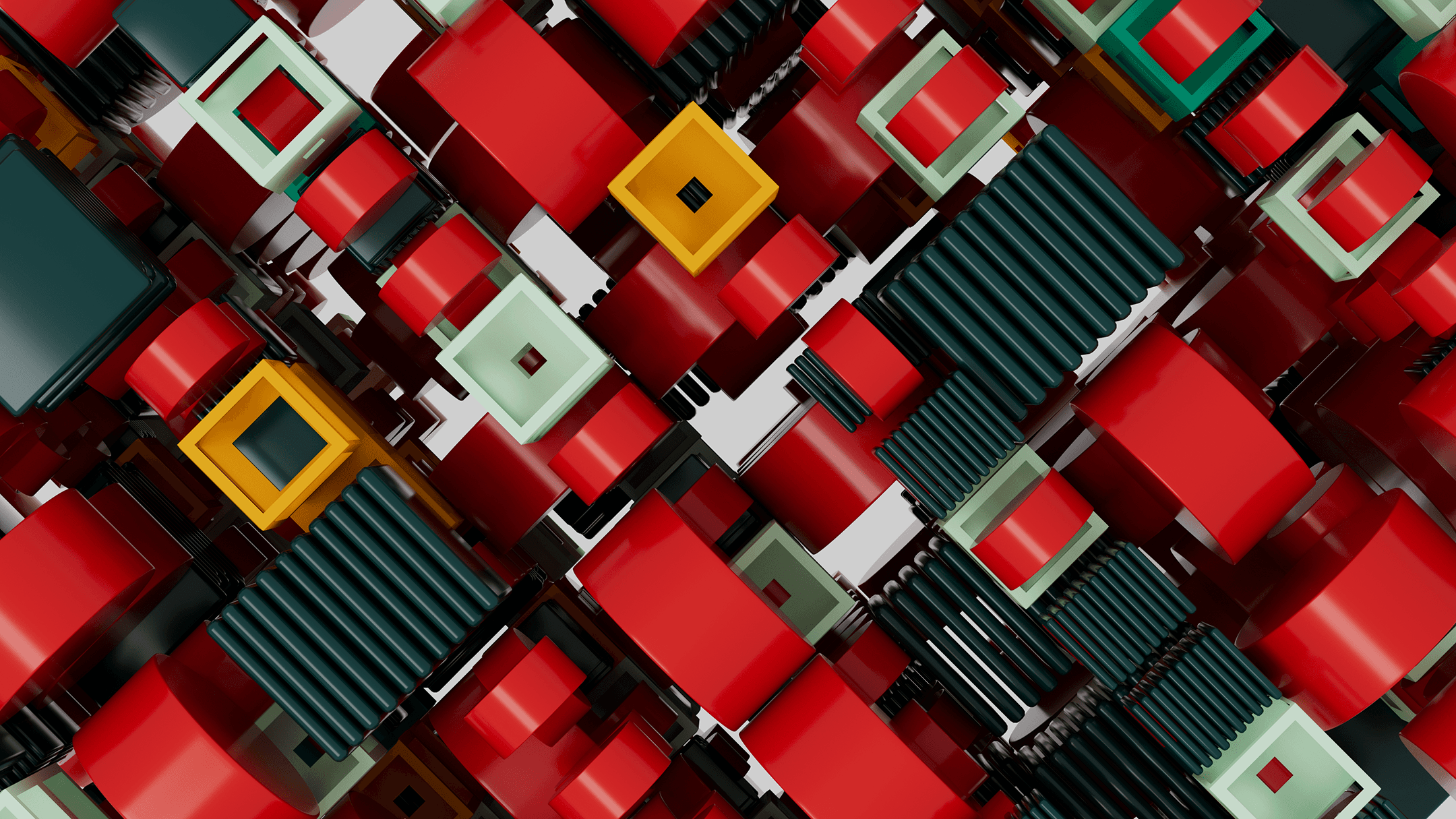 a grid of 3d objects resembling GPUs, with a variety of colors