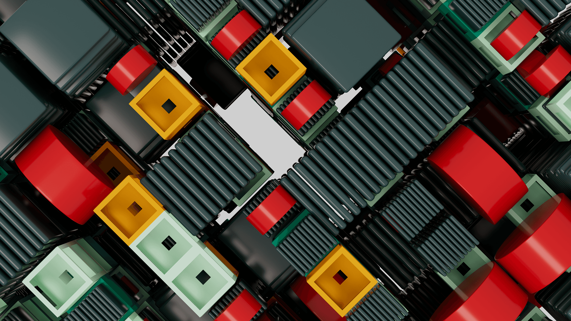 a grid of 3d objects resembling GPUs, with a variety of colors